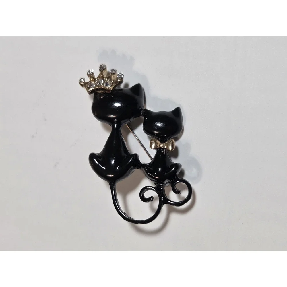 Cat Kitten Shiny Black Enamel Rhinestone Gold-Tone Brooch